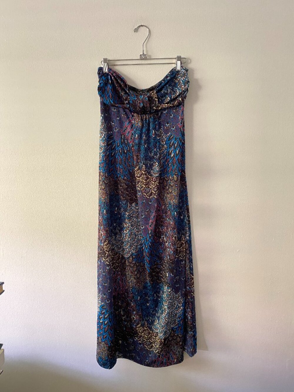 Vintage y2k Strapless Peacock Feather Multicolor Boho Maxi Dress Medium
